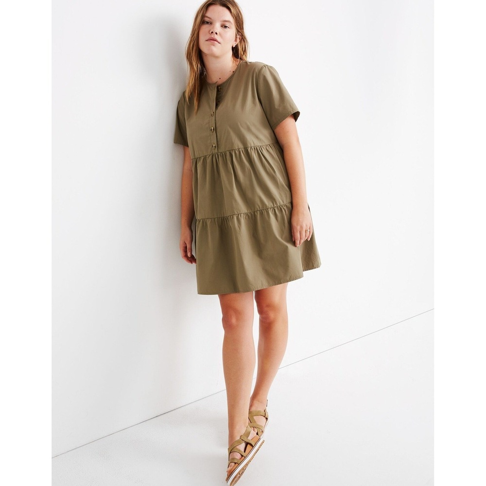 Madewell Button Front Tiered‎ Olive Green Short Sleeve AO277 / Women's XL